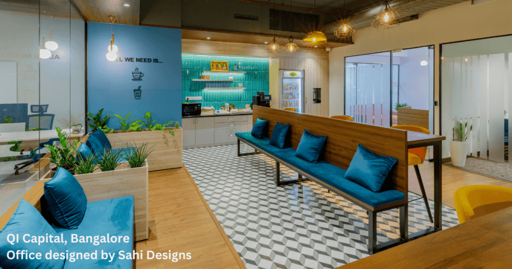 Contemporary office interiors of QI Cap in Bangalore by Sahi Designs, balancing
style with high-performance functionality.