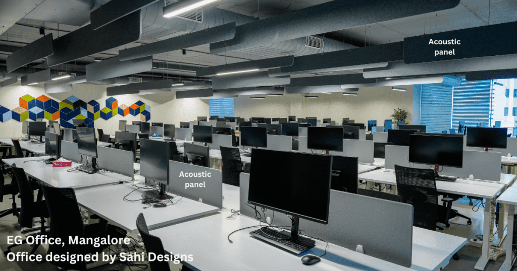 Modern acoustic wall treatments and design features from EG Office in Mangalore,
created by Sahi Designs for noise control.