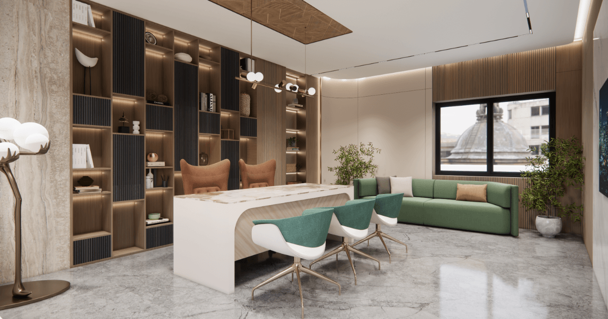 Modern commercial office interior of DivyaSparsh LLP, designed by Sahi Designs, showcasing clean lines and functional aesthetics.